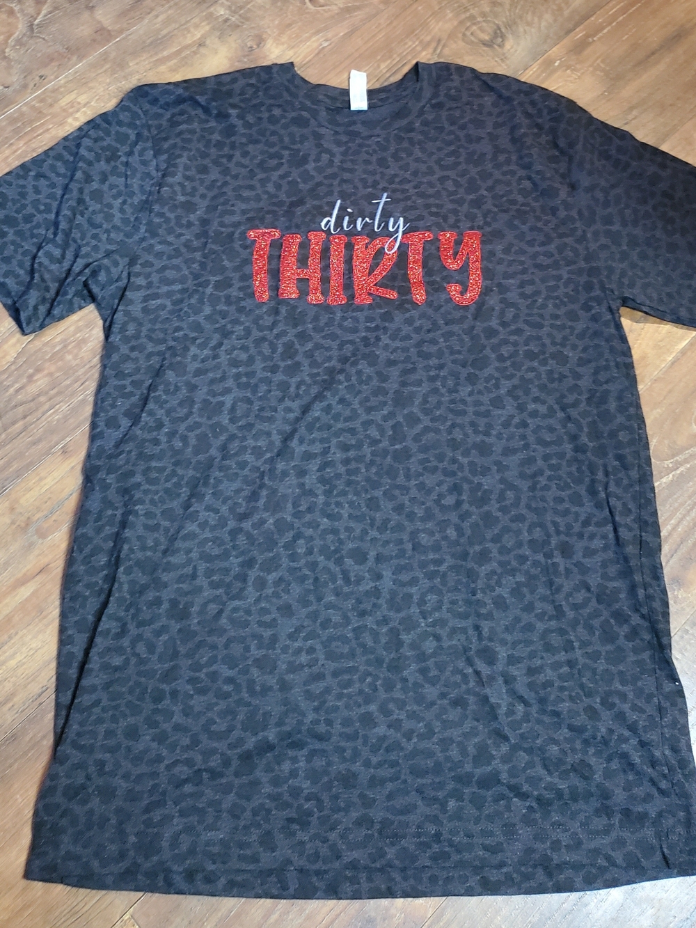 Dirty Thirty Leopard Graphic Tee - Black with Red Glitter Text